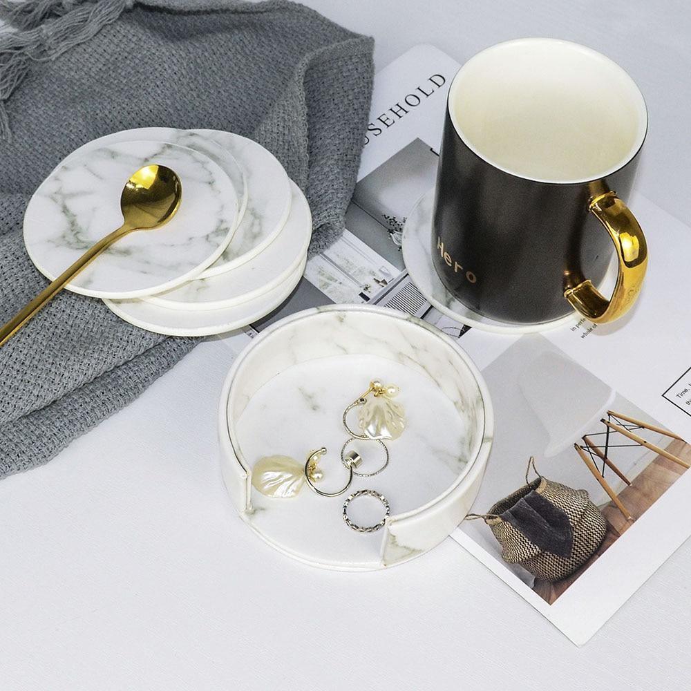 Vegan Leather Coaster Set - Marble Finish, Round or Square, view 3