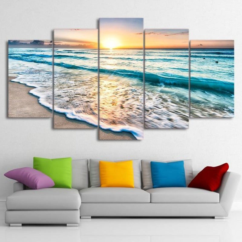 Beach Sunset Canvas Wall Art for Living Room or Bedroom - 5 Piece, Oil on Canvas