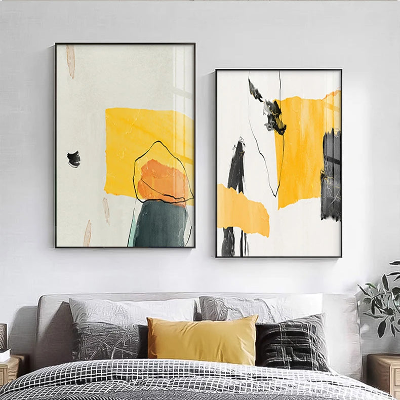 Minimalist Abstract Wall Art Canvas Prints - Orange Yellow Black Beige, Unframed, view 2