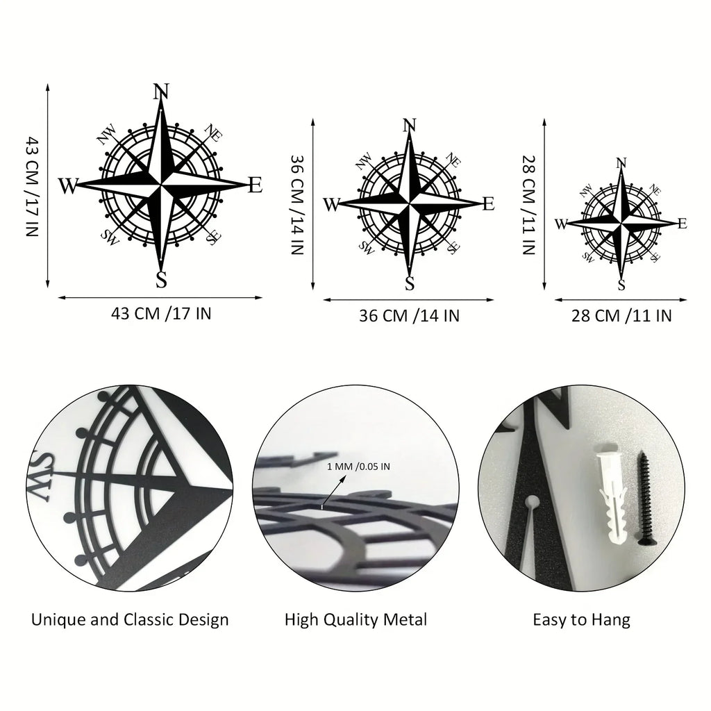 Nautical Compass Rose 3D Metal Wall Art for Living Room, Dining, Office - Iron, view 4