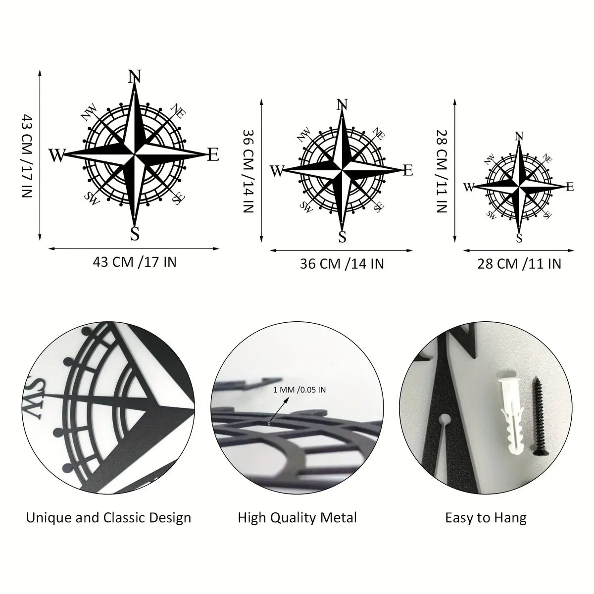 Nautical Compass Rose 3D Metal Wall Art for Living Room, Dining, Office - Iron, view 4