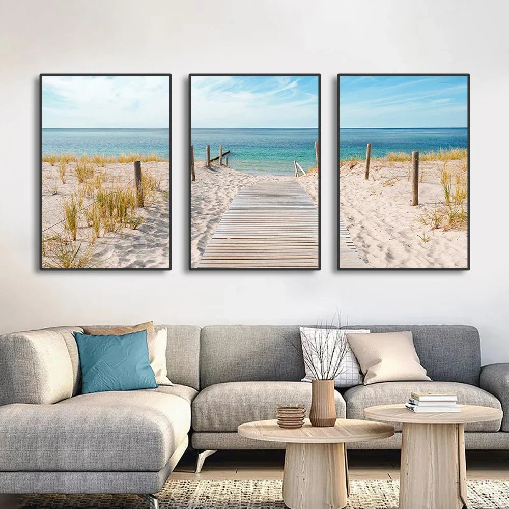 Set of 3PCS Blue Sea Sandy Beach Wall Art Canvas Prints for Living Room - 320gsm