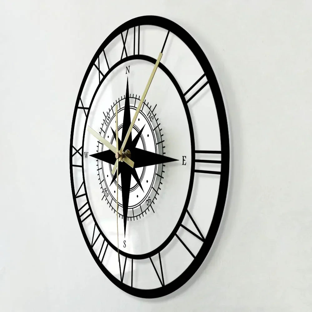 Nautical Compass Wall Clock - 30cm Metal, Silent Operation, view 3