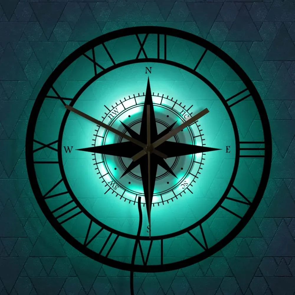 Nautical Compass Wall Clock - 30cm Metal, Silent Operation, view 4