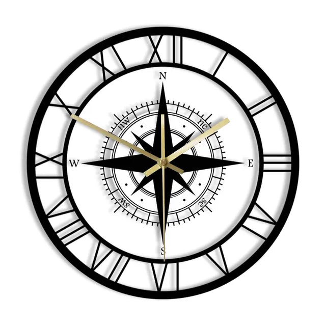 Nautical Compass Wall Clock - 30cm Metal, Silent Operation