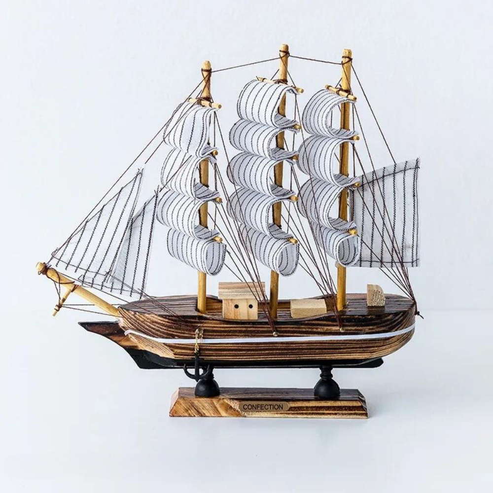 Nordic Wood Sailboat Sculpture with LED Light - Battery Operated, Fabric Sails, view 2