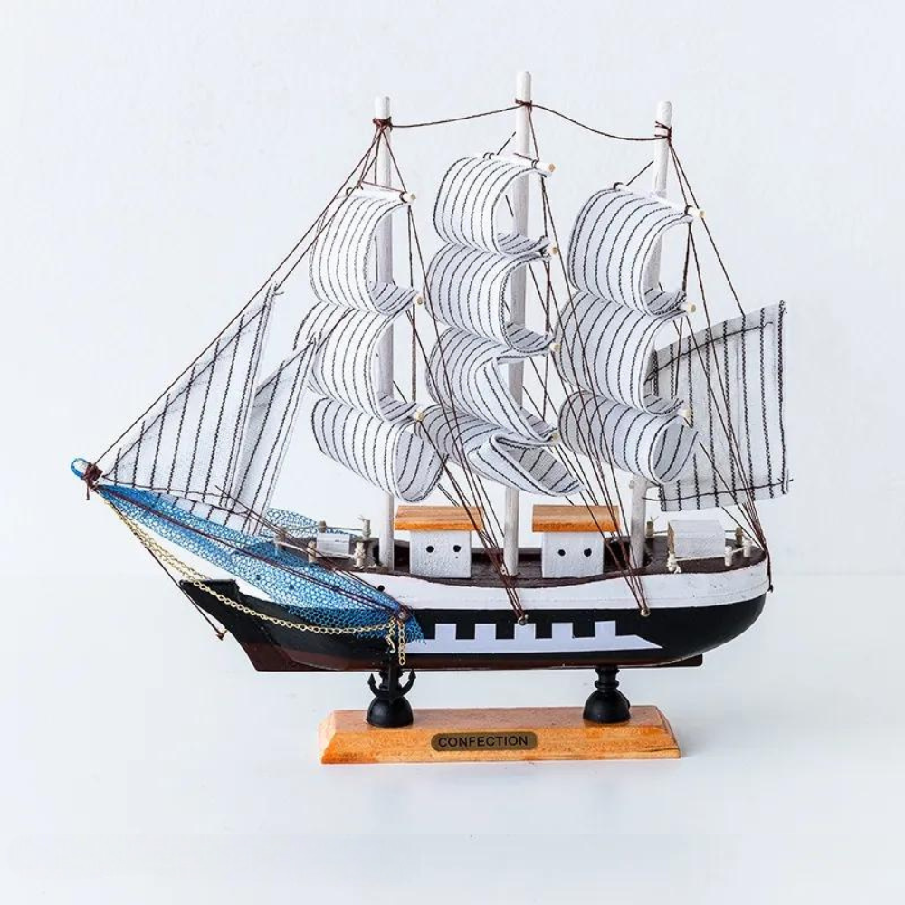 Nordic Wood Sailboat Sculpture with LED Light - Battery Operated, Fabric Sails, view 3
