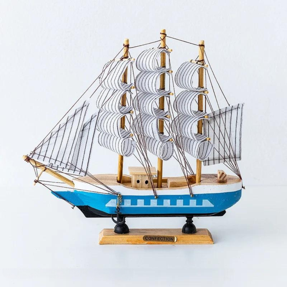 Nordic Wood Sailboat Sculpture with LED Light - Battery Operated, Fabric Sails, view 4