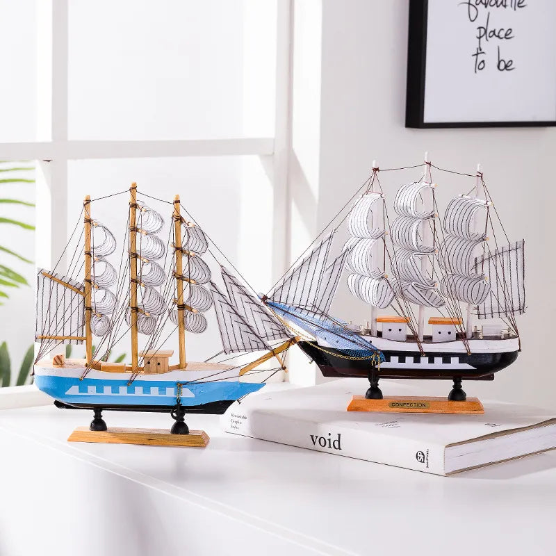 Nordic Wood Sailboat Sculpture with LED Light - Battery Operated, Fabric Sails, view 5