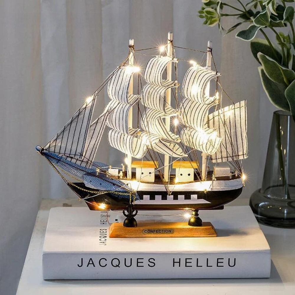 Nordic Wood Sailboat Sculpture with LED Light - Battery Operated, Fabric Sails, view 6