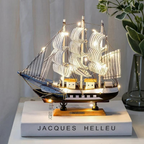 Nordic Wood Sailboat Sculpture with LED Light - Battery Operated, Fabric Sails, view 6