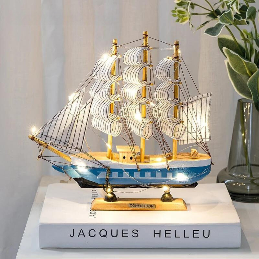Nordic Wood Sailboat Sculpture with LED Light - Battery Operated, Fabric Sails, view 7