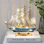 Nordic Wood Sailboat Sculpture with LED Light - Battery Operated, Fabric Sails, view 7