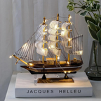 Nordic Wood Sailboat Sculpture with LED Light - Battery Operated, Fabric Sails