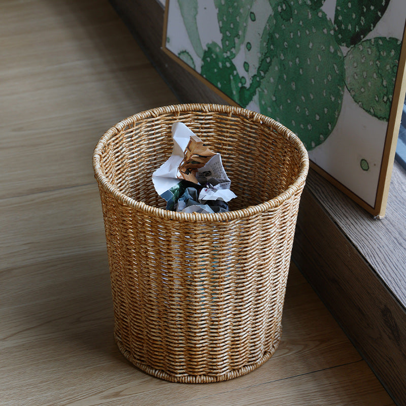 Handwoven Round Wicker Waste Basket - Natural Wicker, Rustic Style, view 2
