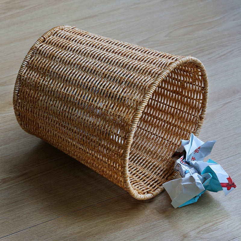 Handwoven Round Wicker Waste Basket - Natural Wicker, Rustic Style, view 3