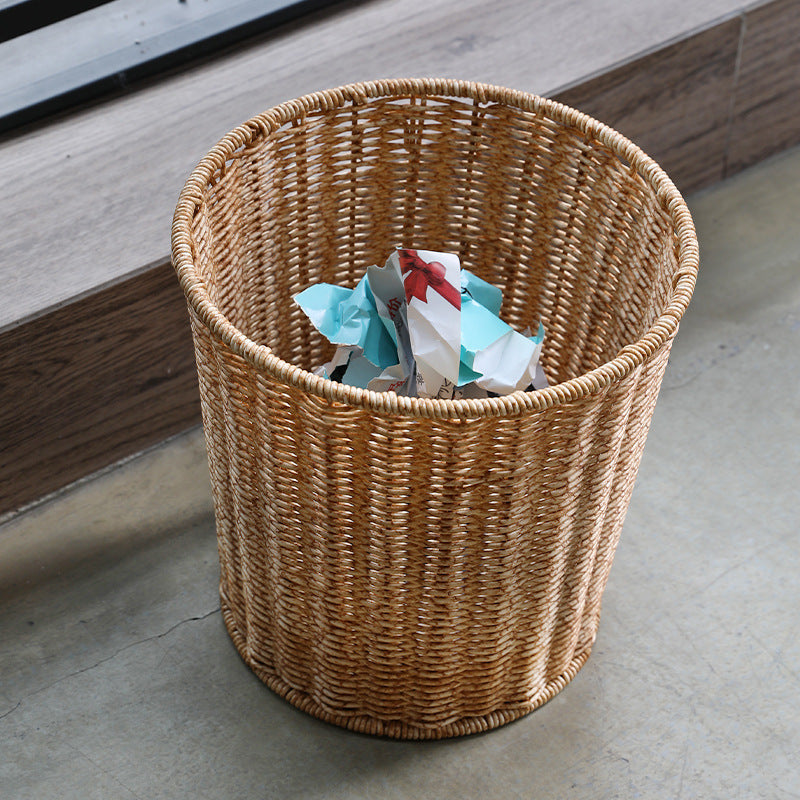 Handwoven Round Wicker Waste Basket - Natural Wicker, Rustic Style