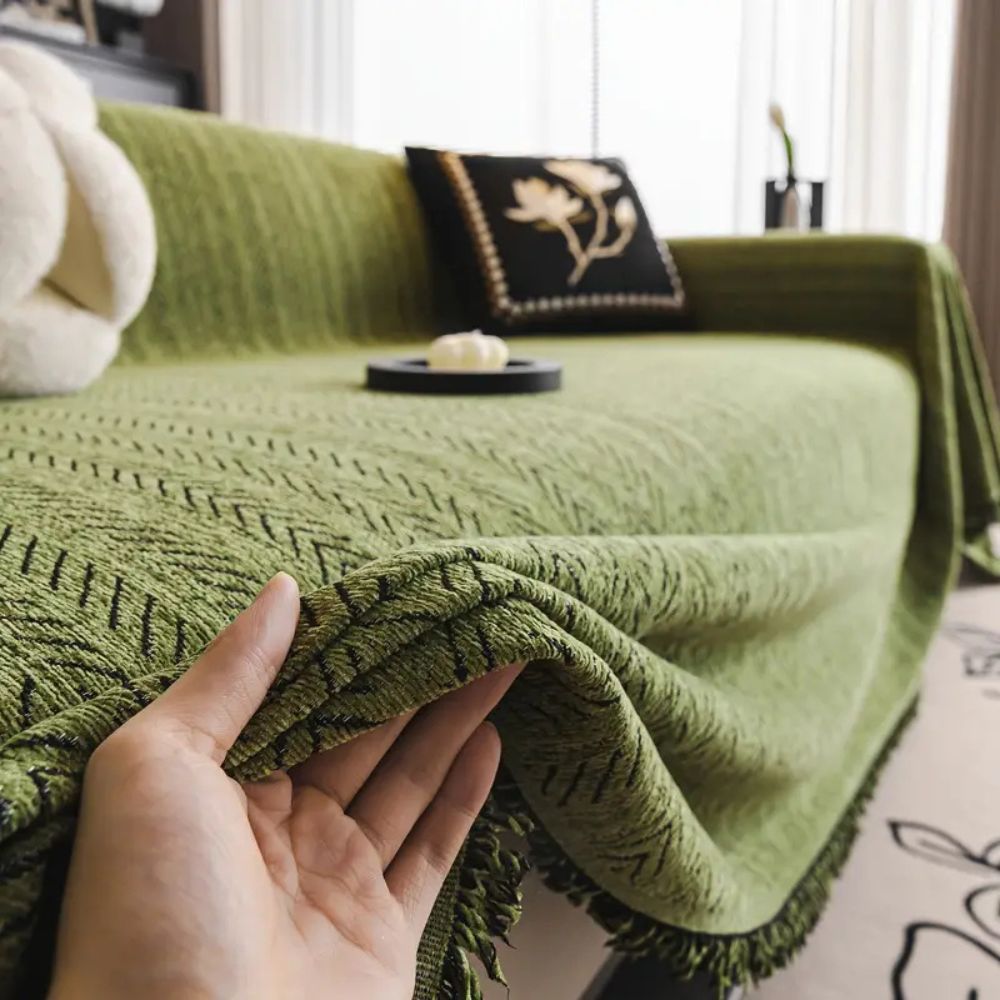 Herringbone Chenille Sofa Cover with Tassels - 100% Microfibre, Pet-Friendly, view 2