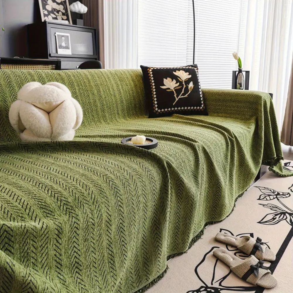 Herringbone Chenille Sofa Cover with Tassels - 100% Microfibre, Pet-Friendly, view 3