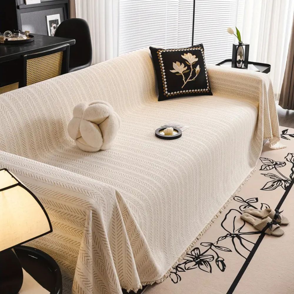 Herringbone Chenille Sofa Cover with Tassels - 100% Microfibre, Pet-Friendly, view 4
