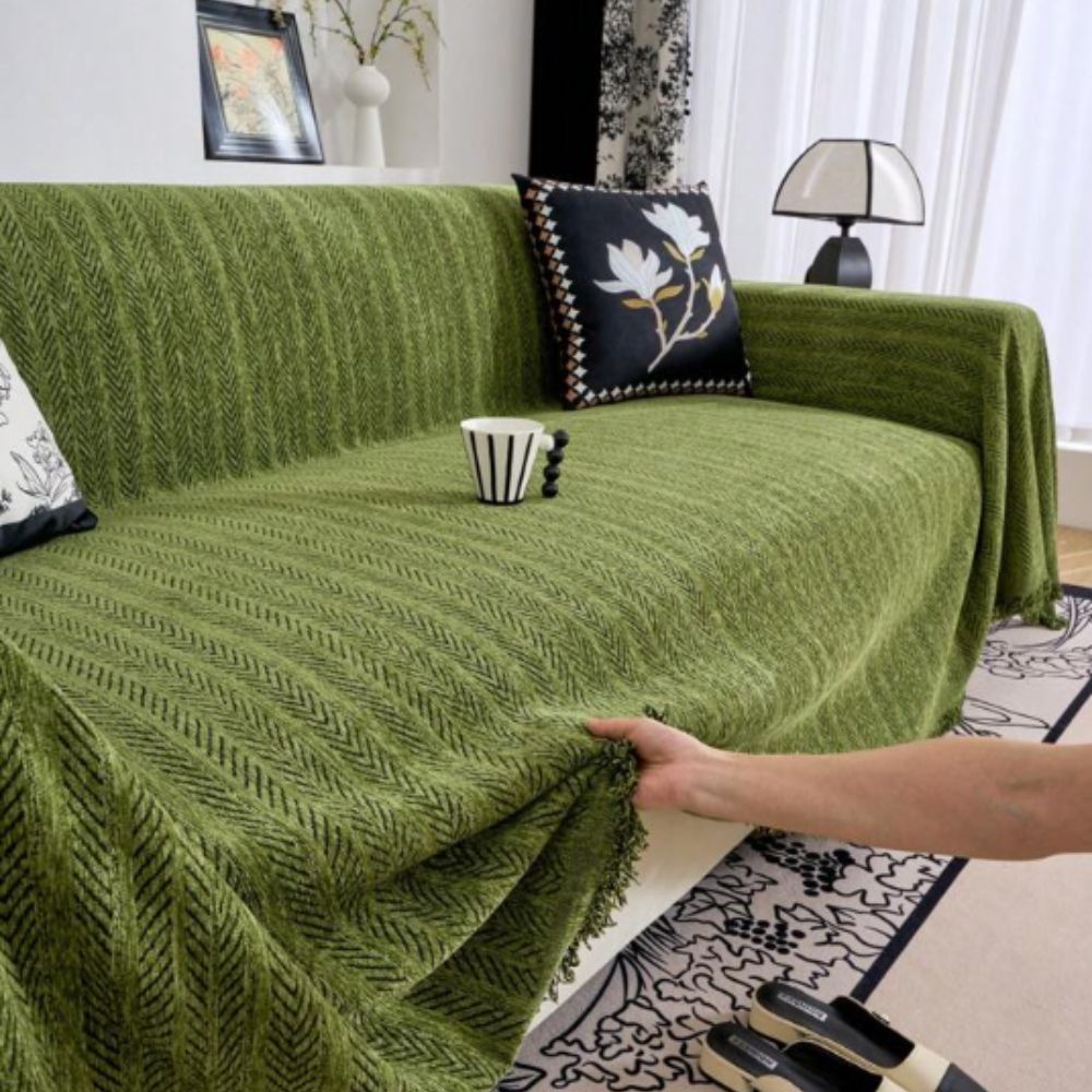 Herringbone Chenille Sofa Cover with Tassels - 100% Microfibre, Pet-Friendly, view 5