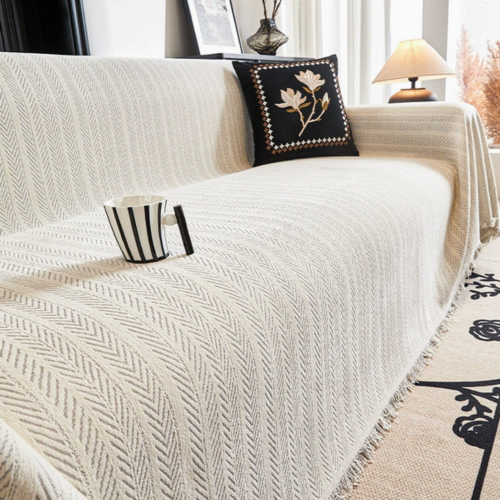 Herringbone Chenille Sofa Cover with Tassels - 100% Microfibre, Pet-Friendly, view 8