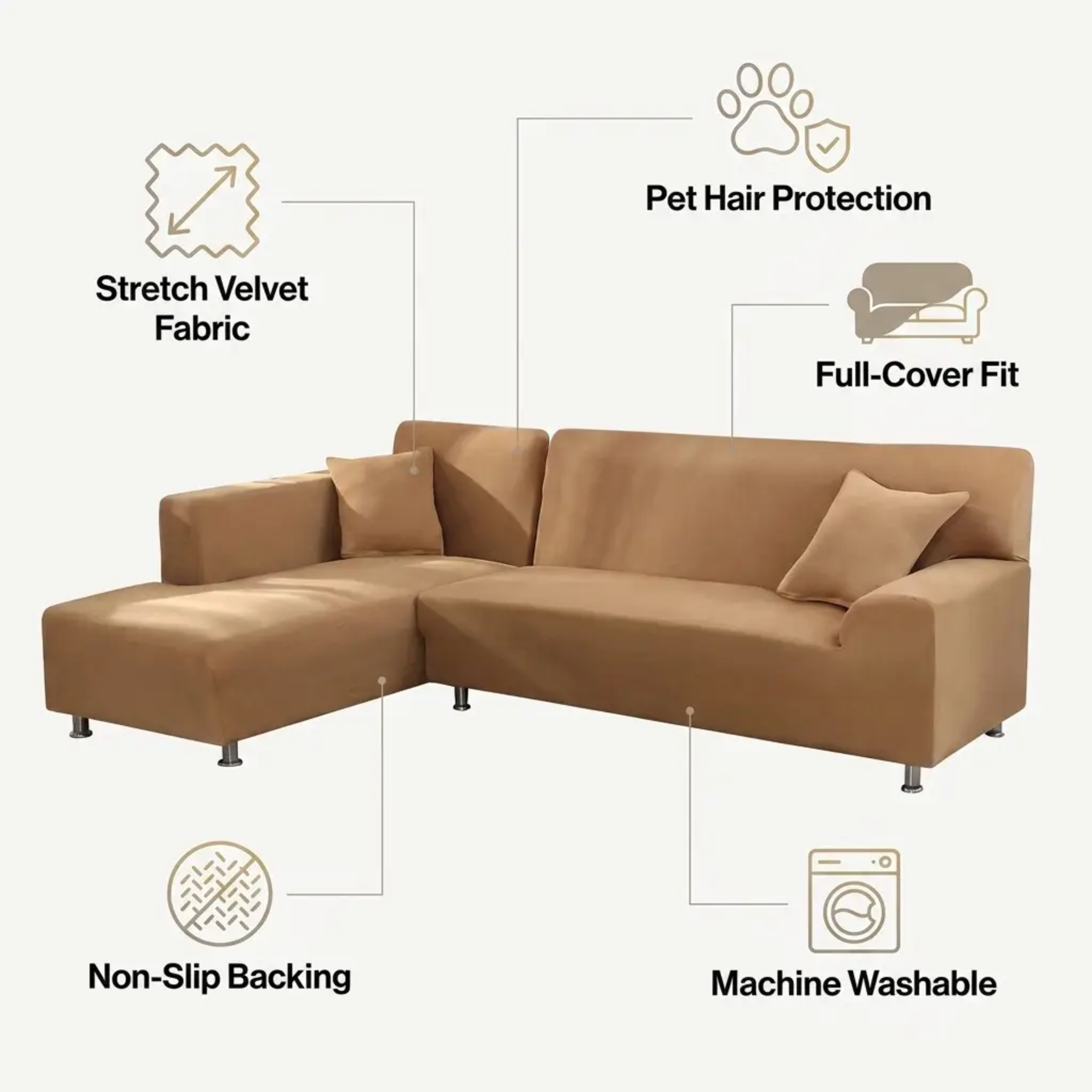 Velvet Stretch Sofa Cover for Living Room - Brushed Fabric, Machine Washable, view 6