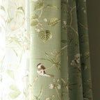 Blackout Green Curtains with Floral Bird Pattern - Cotton-Linen, Custom Size, view 2