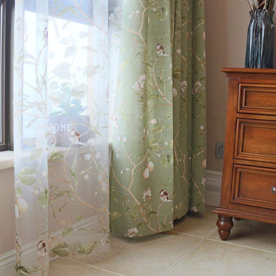 Blackout Green Curtains with Floral Bird Pattern - Cotton-Linen, Custom Size, view 3