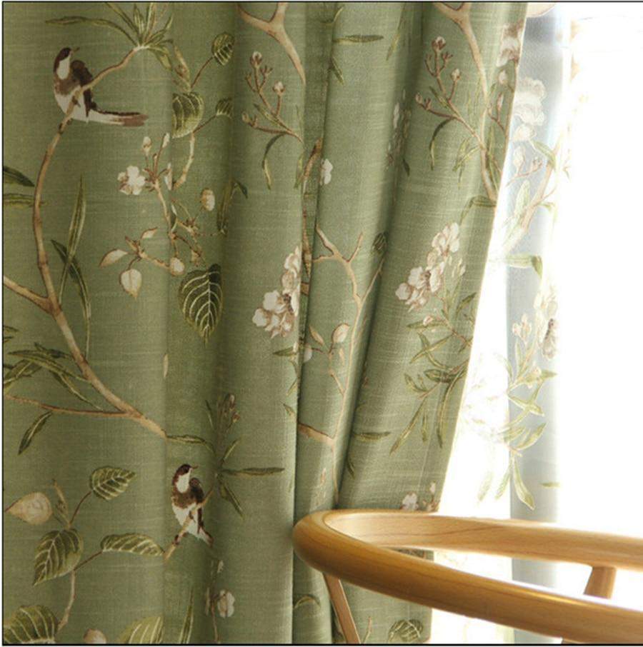 Blackout Green Curtains with Floral Bird Pattern - Cotton-Linen, Custom Size, view 4
