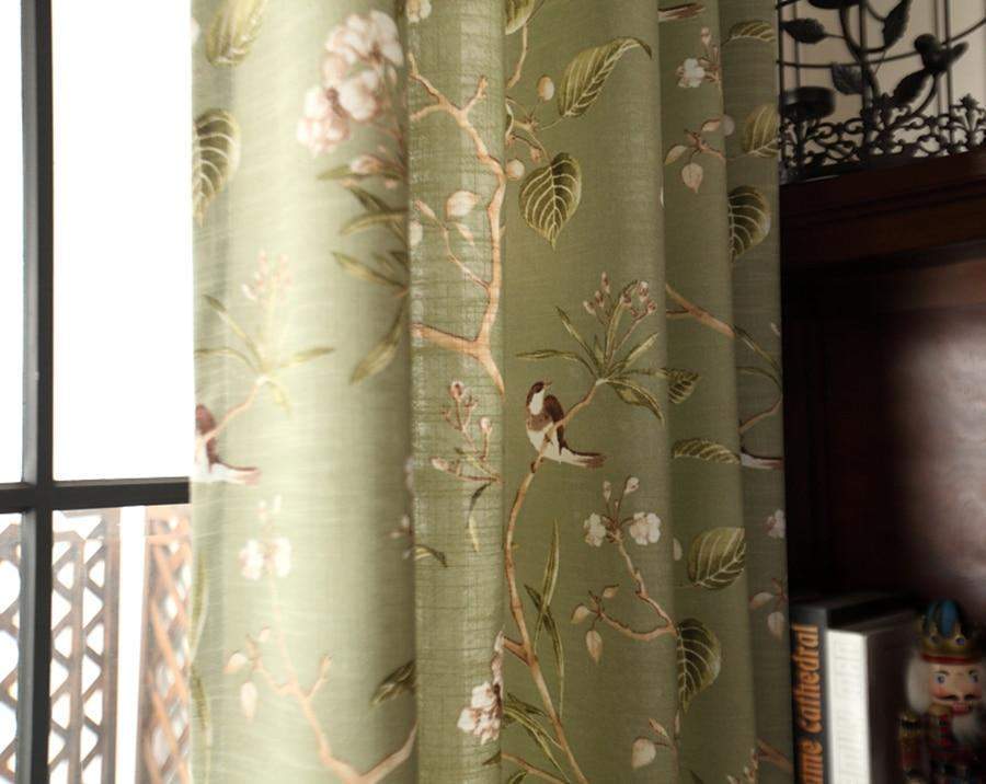 Blackout Green Curtains with Floral Bird Pattern - Cotton-Linen, Custom Size, view 5