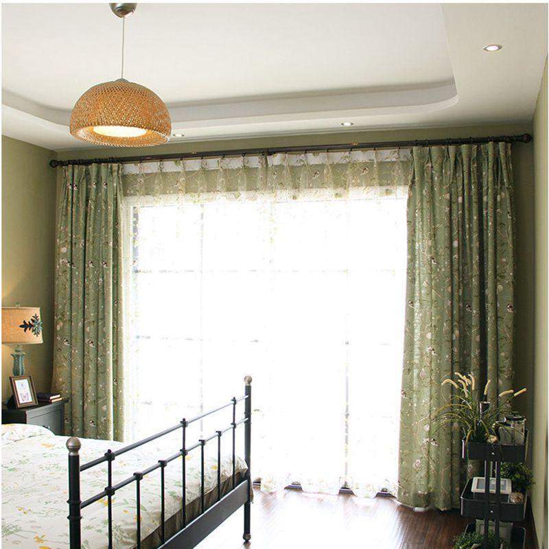 Blackout Green Curtains with Floral Bird Pattern - Cotton-Linen, Custom Size, view 6