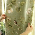 Blackout Green Curtains with Floral Bird Pattern - Cotton-Linen, Custom Size