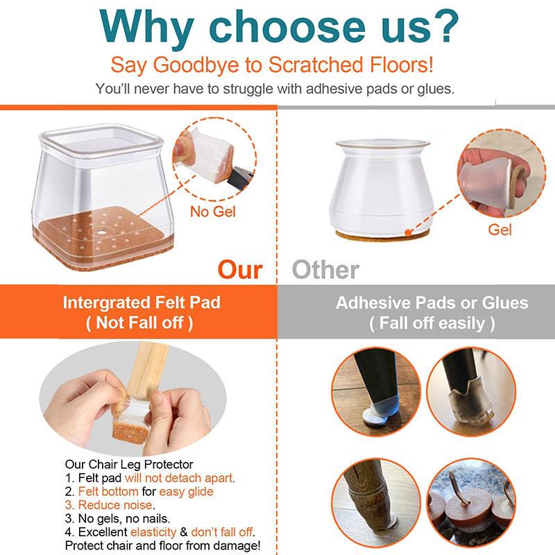Clear Silicone Chair Leg Caps with Felt Pads - 16 Pack, 0.75-2.20 in, Clear, view 2
