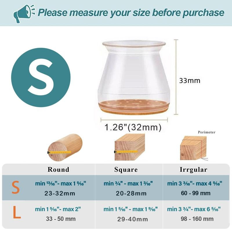 Clear Silicone Chair Leg Caps with Felt Pads - 16 Pack, 0.75-2.20 in, Clear