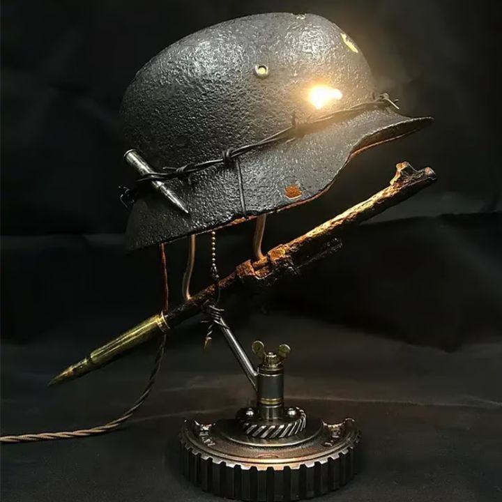 Vintage Steel Helmet Table Lamp - LED 3D Flame Effect, USB Powered, view 10