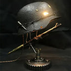 Vintage Steel Helmet Table Lamp - LED 3D Flame Effect, USB Powered, view 10