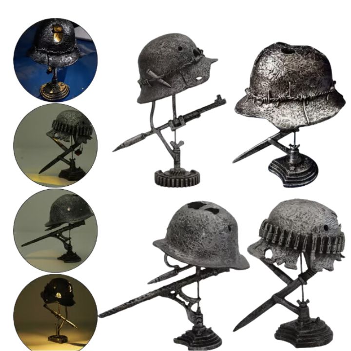 Vintage Steel Helmet Table Lamp - LED 3D Flame Effect, USB Powered, view 2