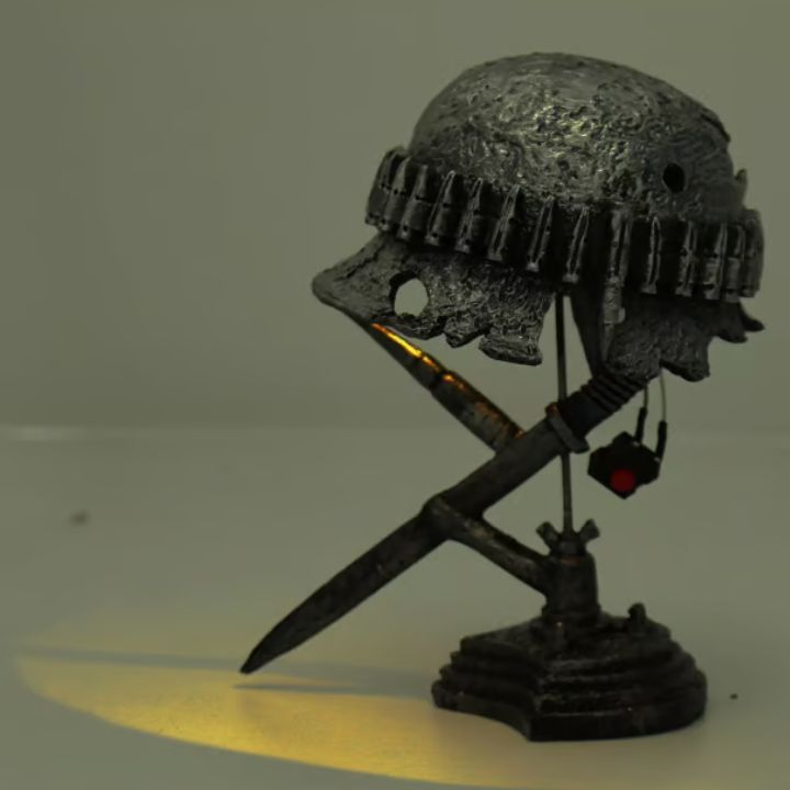 Vintage Steel Helmet Table Lamp - LED 3D Flame Effect, USB Powered, view 8