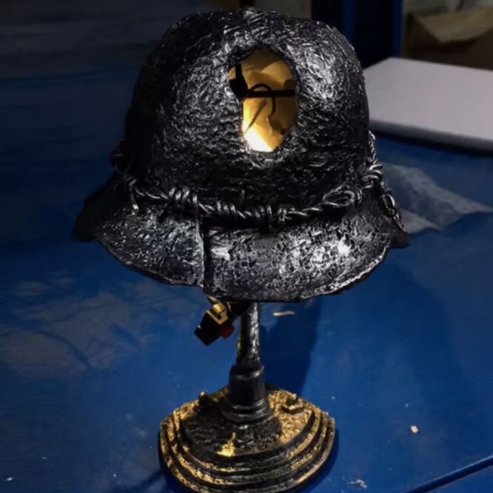 Vintage Steel Helmet Table Lamp - LED 3D Flame Effect, USB Powered, view 9