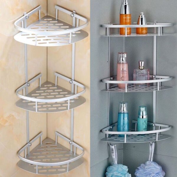 3 Tier Aluminium Bathroom Corner Shelf - Silver, Wall Mounted