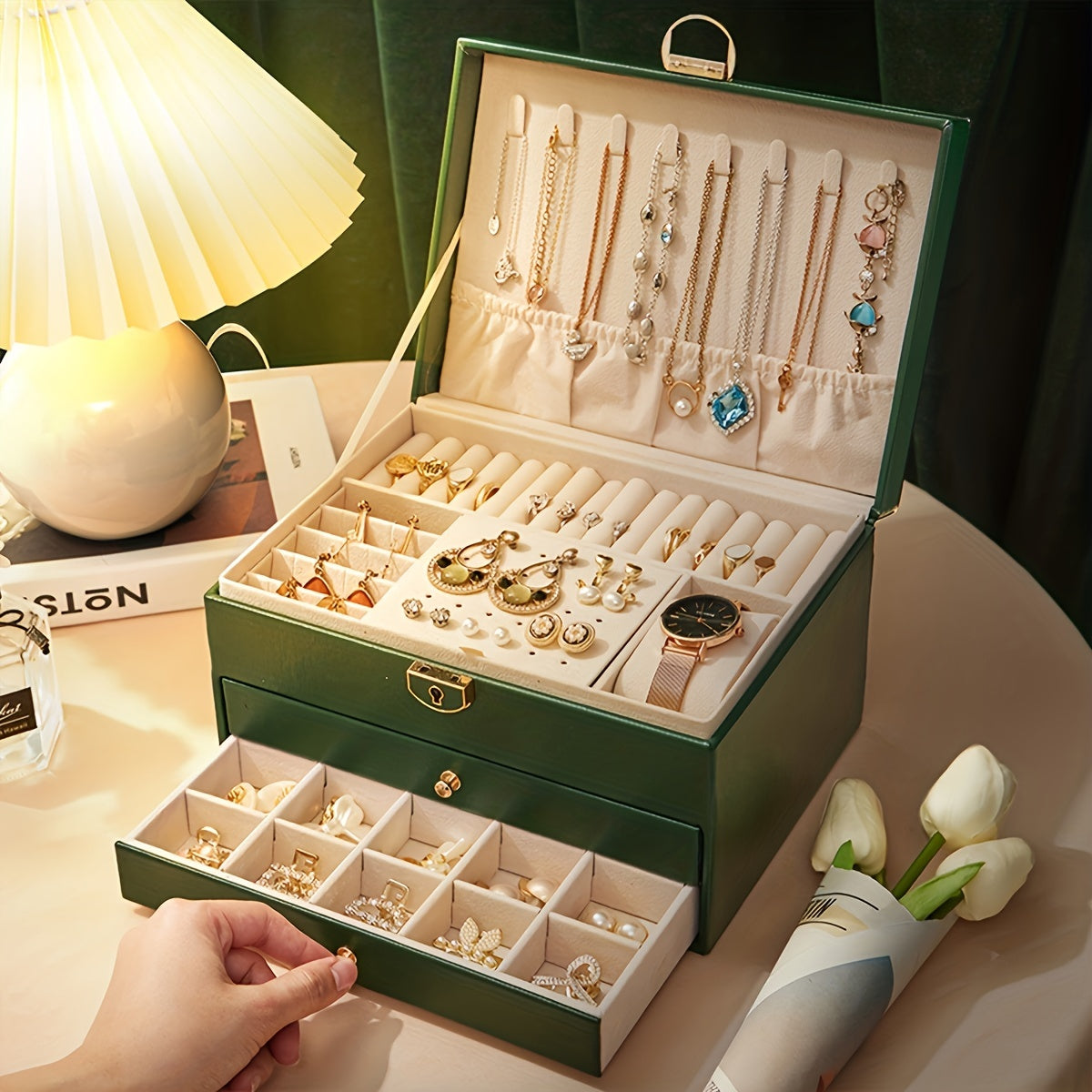 Jewellery Box Leather Organiser with Drawers - PU Leather, 25 x 10 x 8 cm, view 3