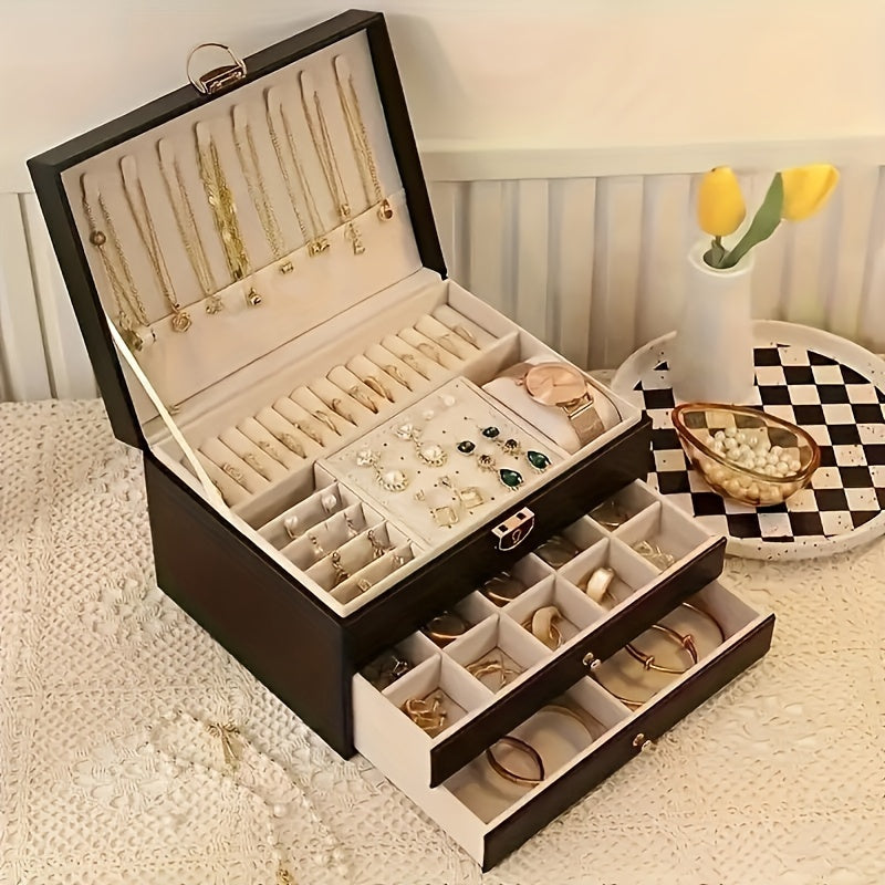 Jewellery Box Leather Organiser with Drawers - PU Leather, 25 x 10 x 8 cm
