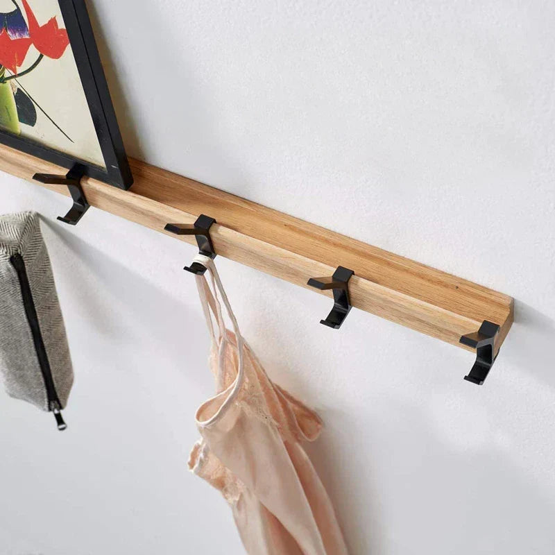Wall Wardrobe with Movable Hooks - Rubber Wood and Aluminium, 40 x 7 cm, view 2