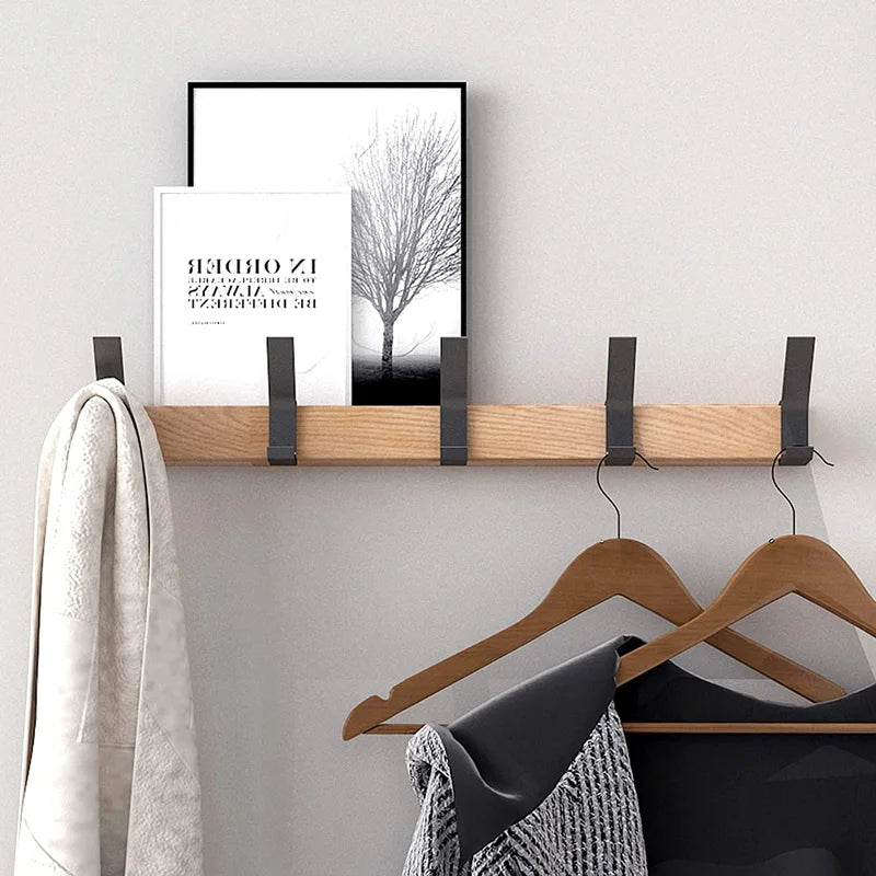 Wall Wardrobe with Movable Hooks - Rubber Wood and Aluminium, 40 x 7 cm, view 3
