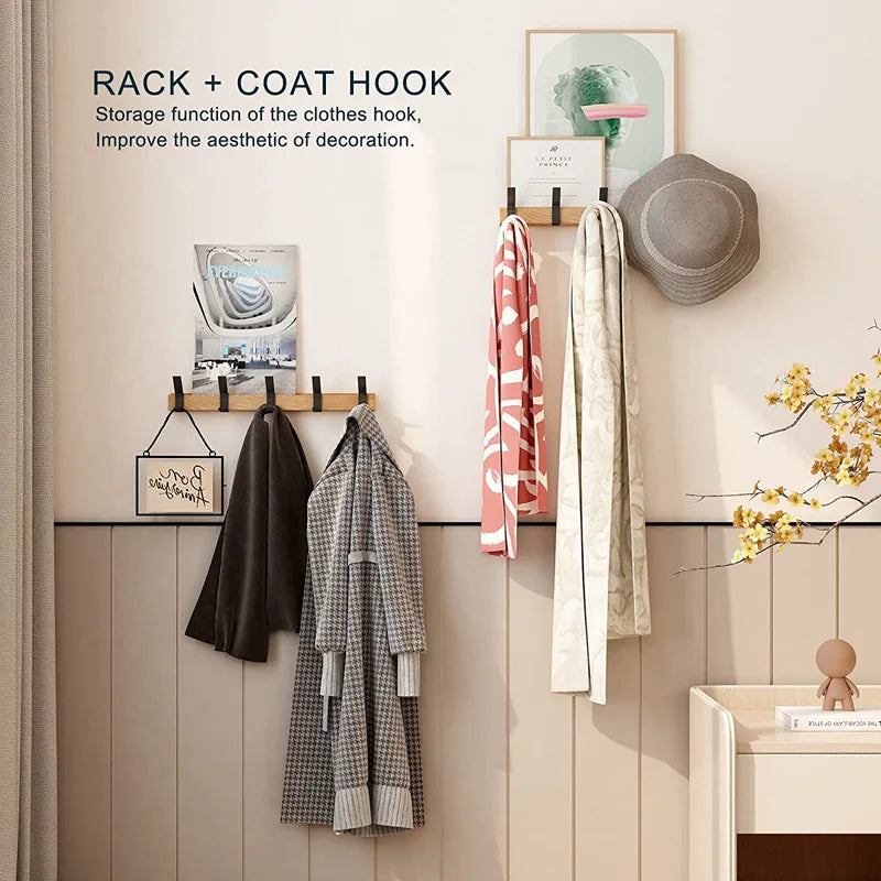 Wall Wardrobe with Movable Hooks - Rubber Wood and Aluminium, 40 x 7 cm, view 4