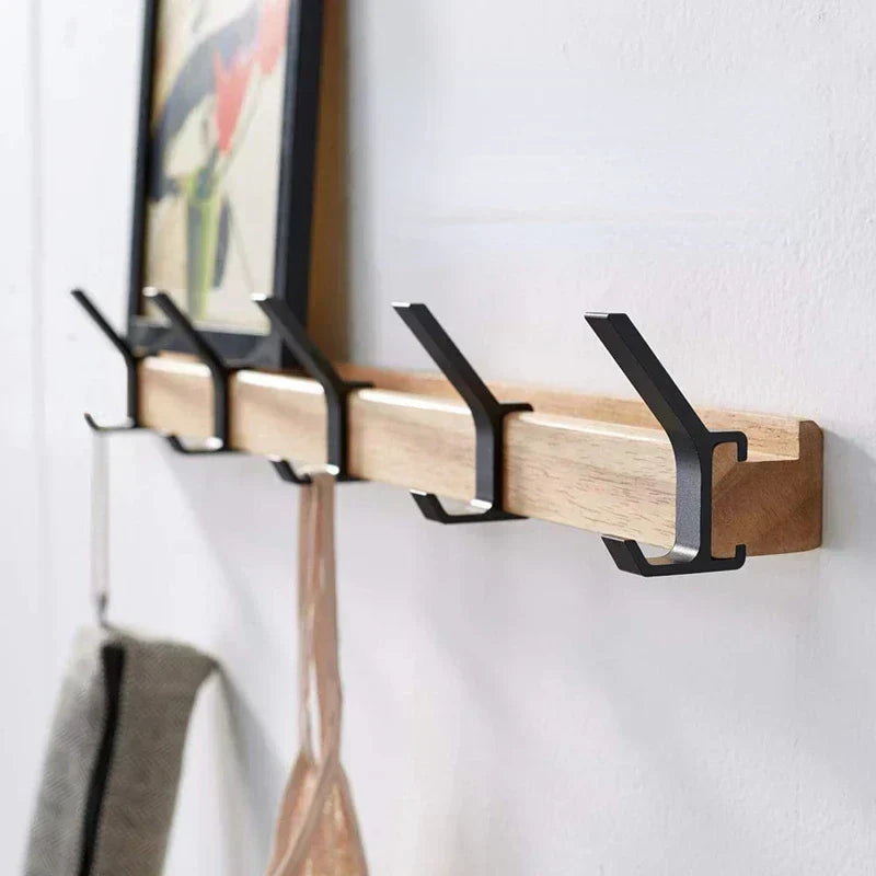 Wall Wardrobe with Movable Hooks - Rubber Wood and Aluminium, 40 x 7 cm