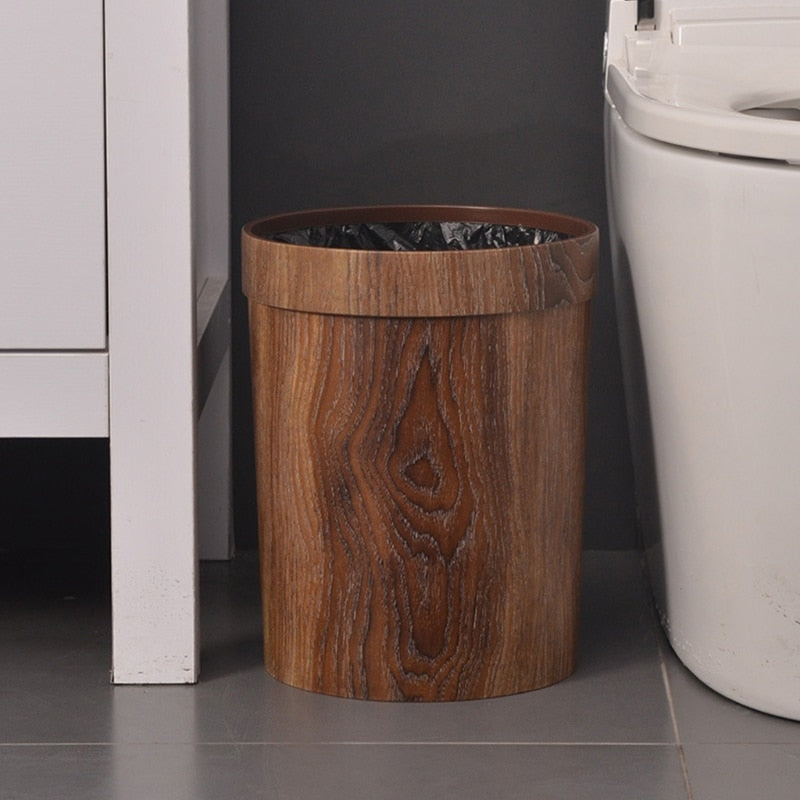 Retro Wooden Grain Trash Can for Home or Office - 8L Capacity