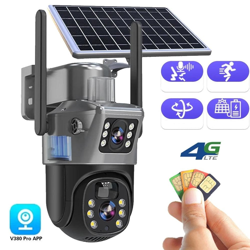 Wireless 4K Outdoor Security Camera with Solar Panel, 4G, Dual Lens, Ip66