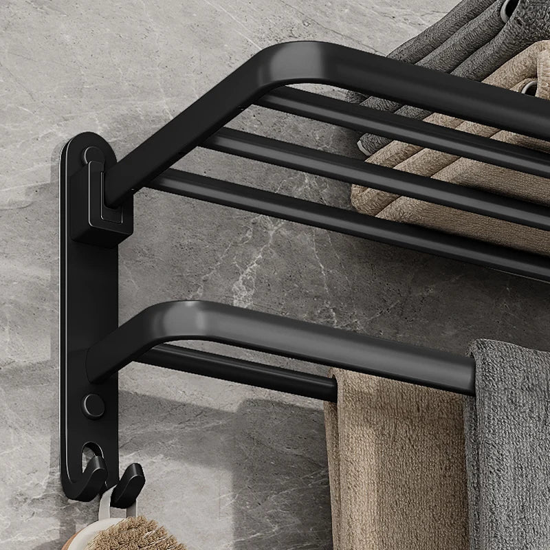 Black Wall-Mounted Folding Towel Rack for Bathroom - Powder-Coated Steel, view 3